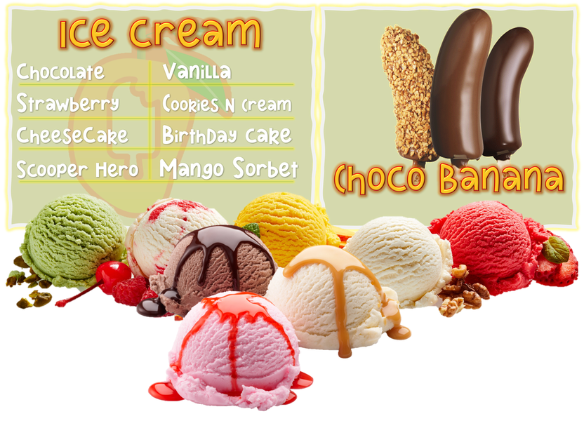Ice Cream flavors: Chocolate, Vanilla, Strawberry, Cookies N Cream, Cheesecake, Birthday Cake, Scooper Hero, Mango Sorbet — plus Choco Banana